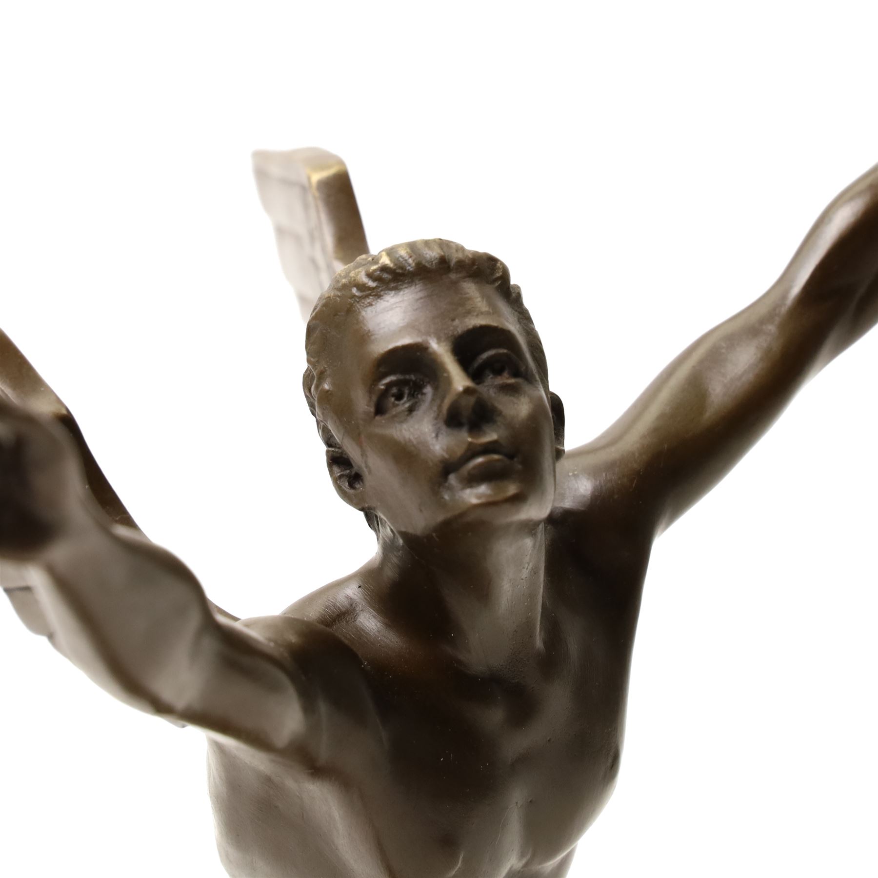 After Frédéric Charles Focht (French 1879-1937): L'aviation, contemporary bronze bearing signature and foundry mark, on marble base, overall H31cm