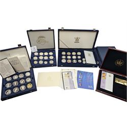 Large collection of modern commemorative coins, mostly being silver proof, including Queen Elizabeth II Bailiwick of Guernsey 1999 'Sir Winston Churchill' one pound, 2000 'HM Queen Elizabeth The Queen Mother', various sterling silver proof coins from the 'Golden Wedding Anniversary Silver Collection' including Bailiwick of Guernsey 1997 five pounds, Bermuda 1997 two dollars, Republic of Malawi 1997 five kwacha, Falkland Islands 1997 five pounds, Bailiwick of Jersey 1997 five pounds, Alderney 1997 two pounds etc, various sterling silver proof and portrait highlighted in gold coins from the 'Golden Jubilee Collection' including Cayman Islands 2002 two dollars, Bailiwick of Guernsey 2003 five pounds etc, housed in various coin displays or cases, mostly with certificates