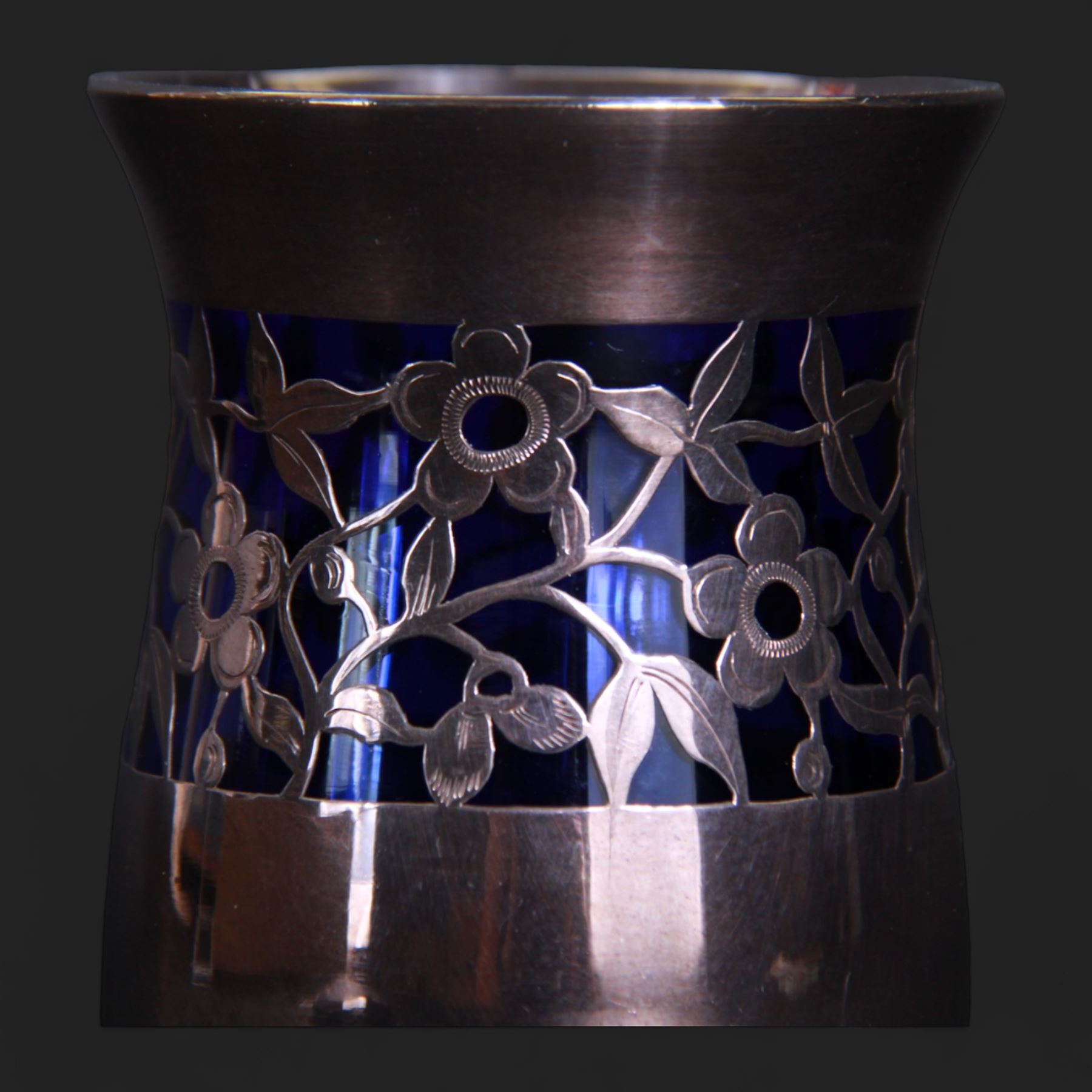 20th century Friedrich Spahr blue glass vase, decorated in silver overlay with a band of stylised flowers, marked Spahr 1000/10, H14cm  