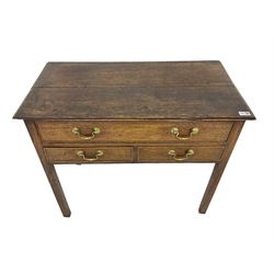 Georgian oak lowboy, rectangular moulded top over three drawers, on square supports
