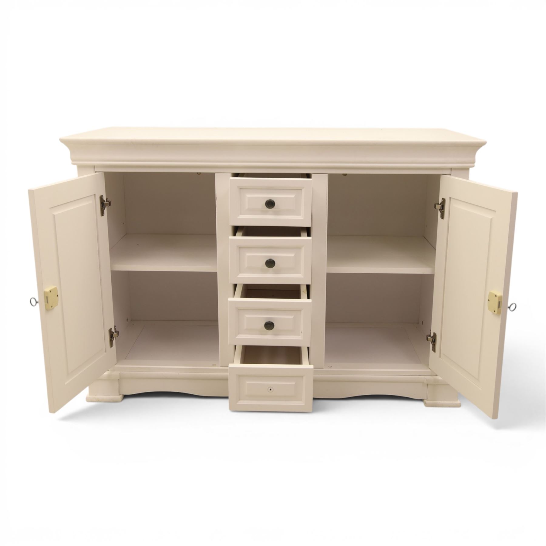 Modern large white painted chest of drawers, central bank of four drawers flanked by two lockable cupboards