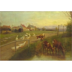  William Henderson of Whitby (British 1844-1904): 'Goathland' - Village Street with Short Horn Cattle and Geese, oil on canvas signed titled and dated 1888, 46cm x 67cm  