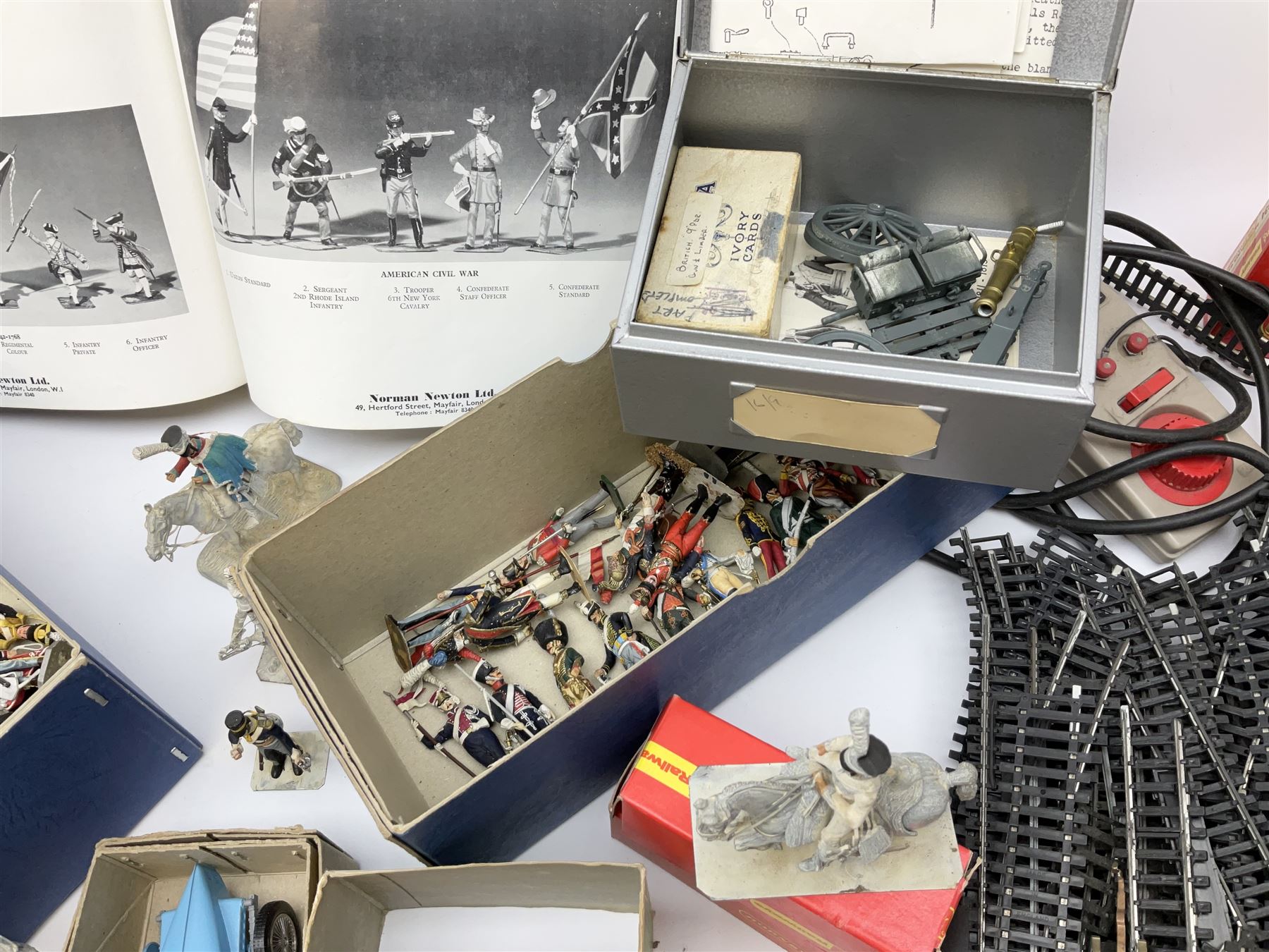 Fifty modern lead figures of mounted and foot soldiers, various period uniforms from 18th century to WW2, painted and unfinished with related paperwork; small quantity of Hornby '00' gauge model railway items and track; and four boxed Subbuteo teams etc