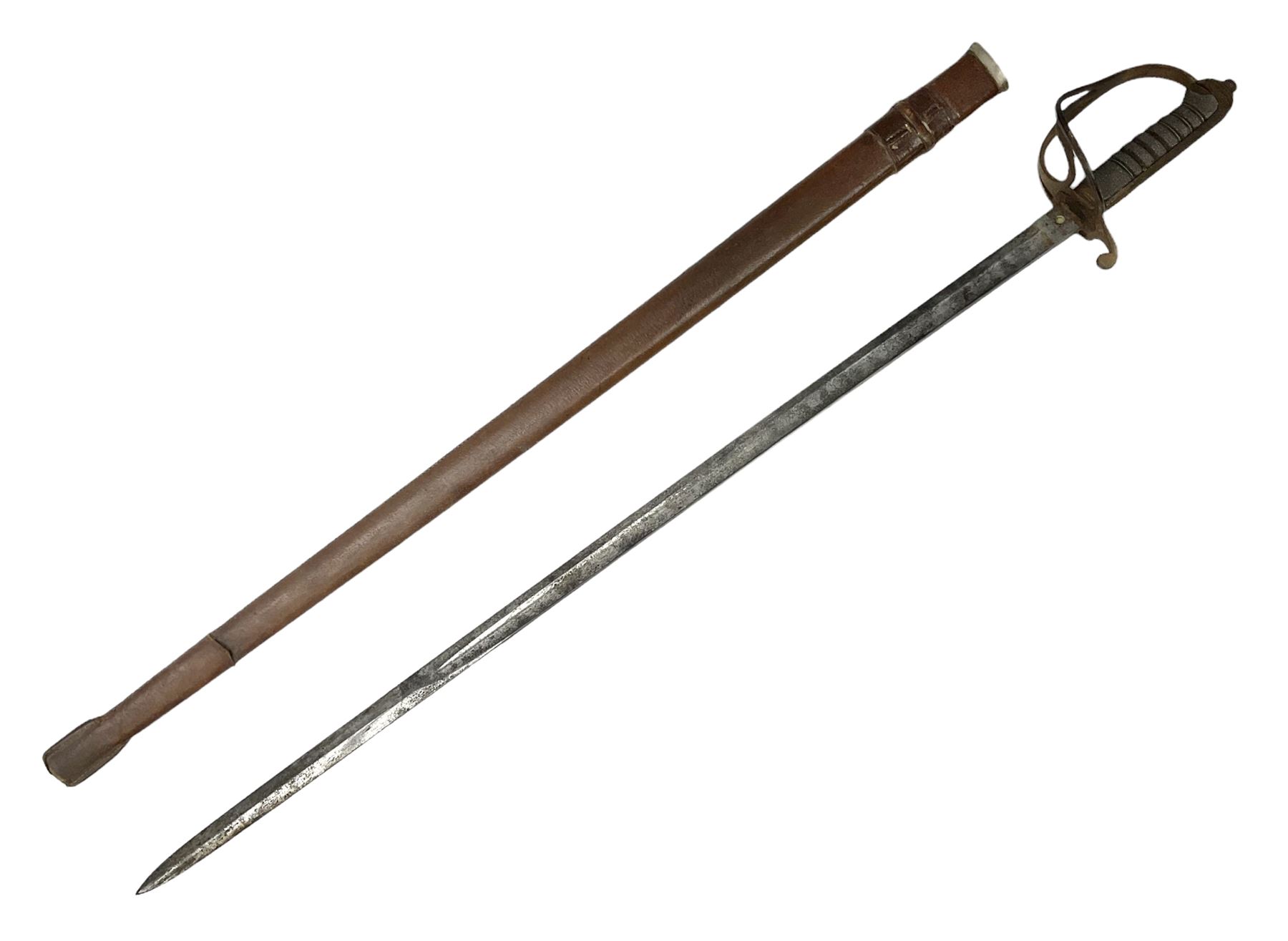Victorian artillery officer's sword, the 90cm fullered steel blade by E. Thurkle Denmark Street Soho London decorated with Victoria cypher, Regimental crest and 'Royal Artillery', three-bar hilt with stepped pommel and wire-bound fish skin grip; in leather covered scabbard L107cm overall