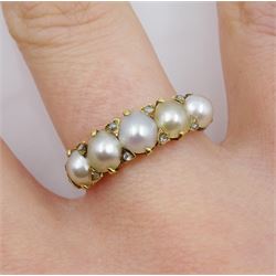 Early 20th century gold five stone split pearl ring with diamond accents set between