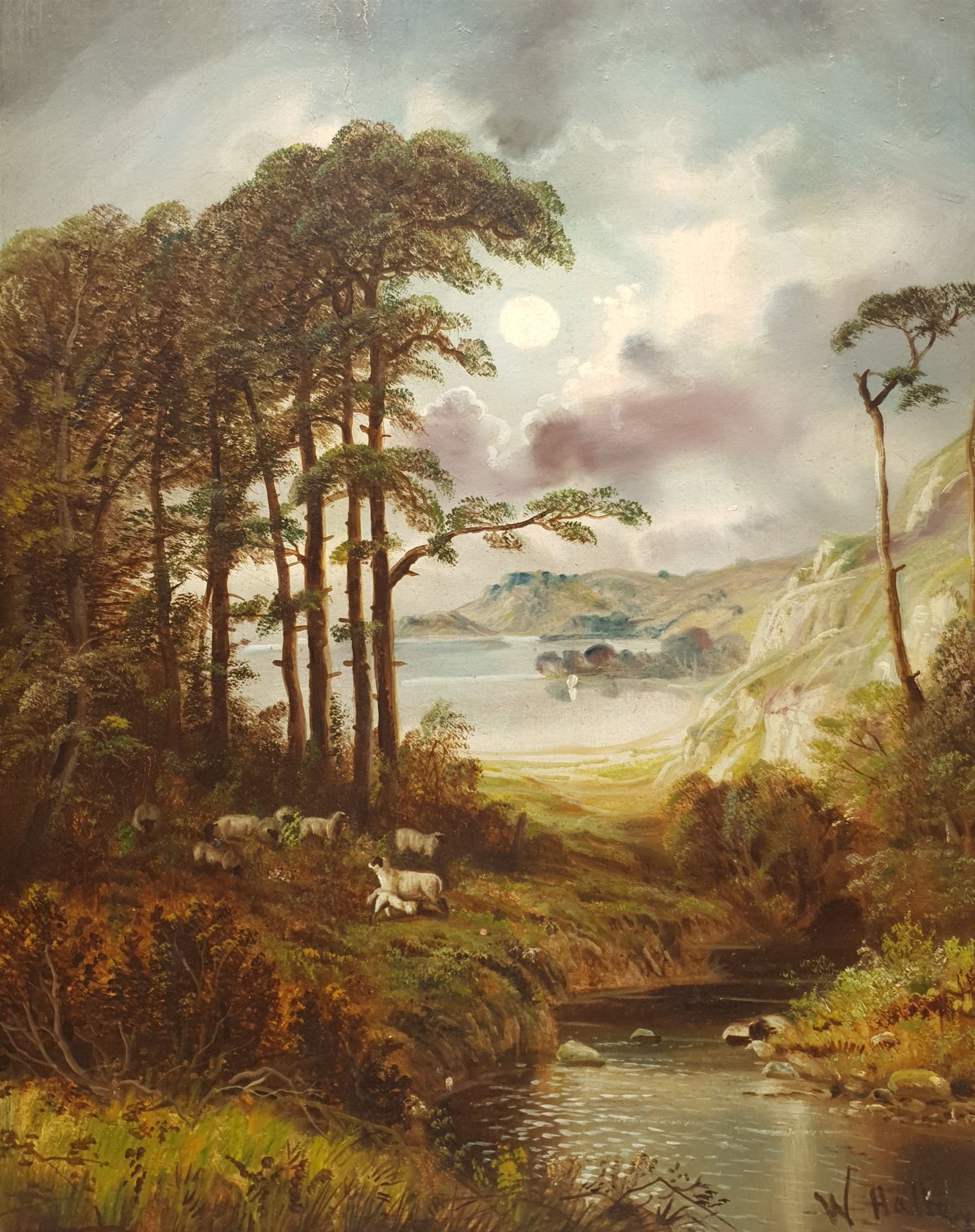W Halley? (British late 19th century): Rugged Landscape with Sheep by a River, oil on panel indistinctly signed 50cm x 40cm