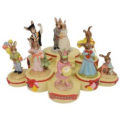 Royal Doulton Bunnykins, comprising of three complete sets;  The Arthurian Legend Set, with display plinth, Sir Gawain, Queen Guinevere, Sir Galahad, Merlin, King Arthur, Sir Galahad; Tudor set with display plinth, Henry VIII, Anne Boleyn, Jane Seymour, Catherine of Aragon, Catherine Parr, Anne Of Cleaves and Catherine Howard; The Occasions Collection: with display plinth, Christmas Morning, Wedding Day, Love Heart, Easter Treat, Birthday Girl, Congratulations, Graduation Day and Easter Parade, all with original boxes