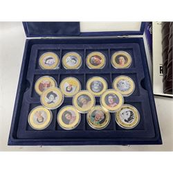 Mostly commemorative coins comprising singles and part sets, including various Princess Diana, royal events, Queen Elizabeth II 2012 Diamond Jubilee coin set, in Royal Mint card folder etc.