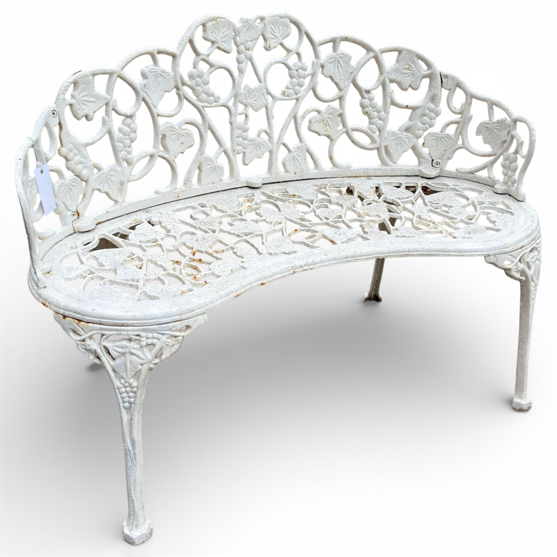 Victorian design white painted cast iron garden bench with grapevine and ivy design