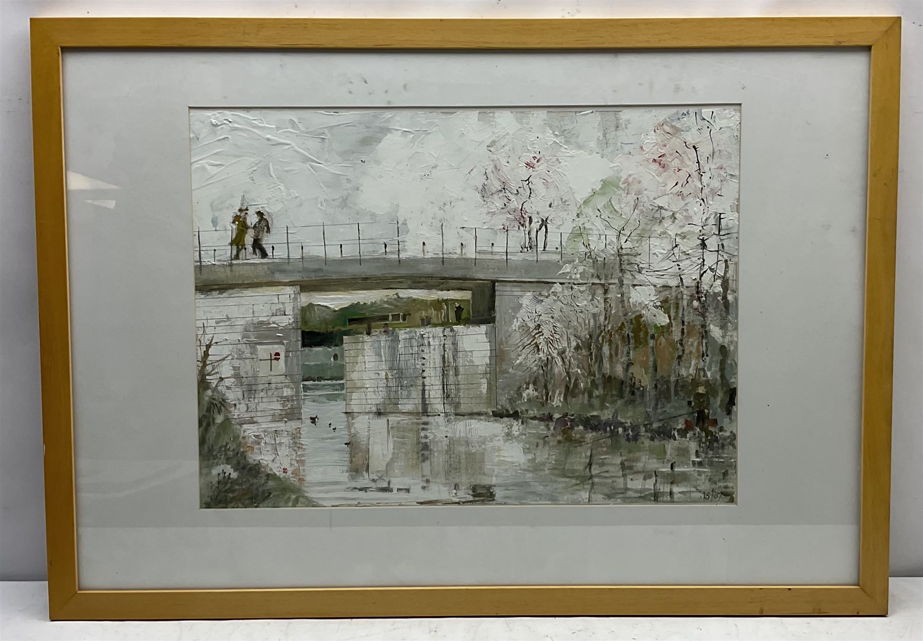 John Squire ARIBA (British Contemporary): Canal Bridge, mixed media on linen laid on board signed with initials and dated '07, studio label verso with artist's address Heckmondwike, West Yorks verso 41cm x 55cm