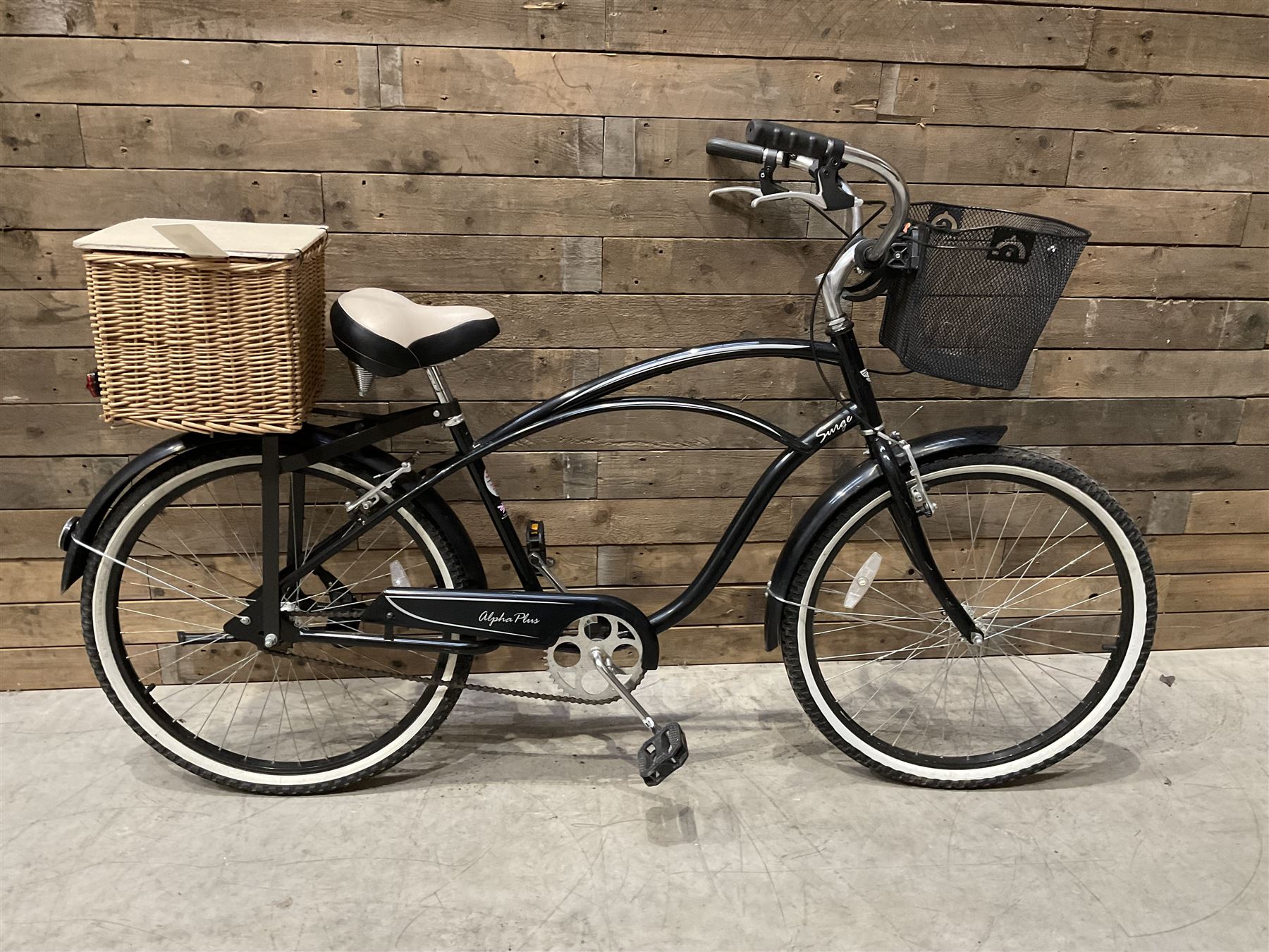 Alpha Plus Surge 26'' bicycle, black, with front and rear baskets