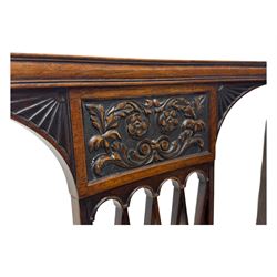 Late 19th century mahogany open armchair, lattice splat back, acanthus carved arm terminals, on square tapering supports with spade feet