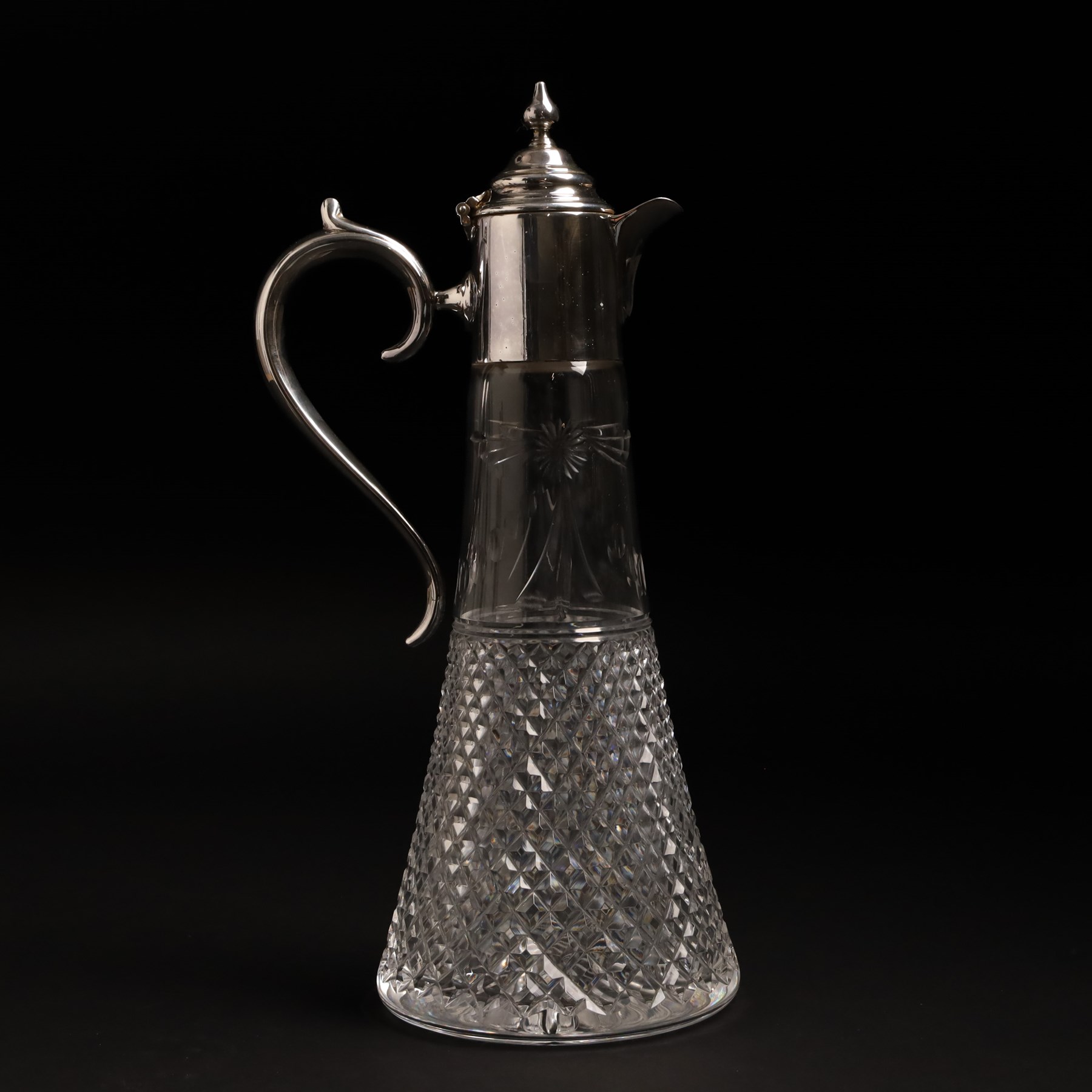 Stuart crystal Beaconsfield pattern claret jug with silver plated cover, matching water jug and pair of candlesticks