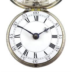 18th century silver pair cased verge fusee pocket watch by Alexander Hare (London ca.1781-1824), No. 200, square baluster pillars, pierced and engraved balance cock, white enamel dial with Roman hours and outer Arabic minute ring, beetle and poker hands, case makers mark G H, London 1770, with a fabric watchpaper embroidered with map of Europe