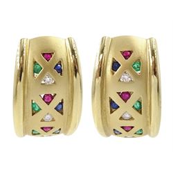 Pair of 14ct gold emerald, ruby, sapphire and diamond half hoop earrings, in satin gold finish by by Colombian Emeralds International, boxed with certificate 