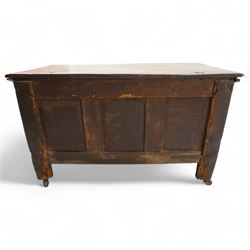 18th century oak blanket box, moulded rectangular hinged lid over lunette carved frieze rail and panelled front, moulded frame and panelled sides fitted with carrying handles, on stile supports