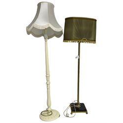 Italian design gilt metal standard lamp, corinthian capital over reeded column, on square marble base, with matching olive green and gold shade (H164cm); and Classical French design cream painted standard lamp, reeded column with floral decoration on circular base, with matching fringed shade (H185cm)