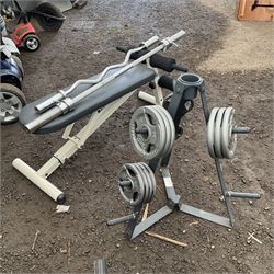 Gym equipment - disc weights, bench, two bars - THIS LOT IS TO BE COLLECTED BY APPOINTMENT FROM DUGGLEBY STORAGE, GREAT HILL, EASTFIELD, SCARBOROUGH, YO11 3TX