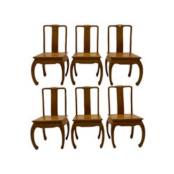 Oriental hardwood rectangular dining table, and six high back dining chairs with solid seats