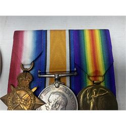 WW1 KIA group of three medals comprising British War Medal, 1914-15 Star and Victory Medal together with bronze Memorial Plaque named to G-13 Pte. F.G. Hodges R. Suss. R.; with ribbons; displayed on modern board for wearing; some biographical details