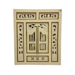 Painted wall mirror with fret work decoration (60cm x 70cm), polished pine mirror with bevelled plate (80cm x 99cm)