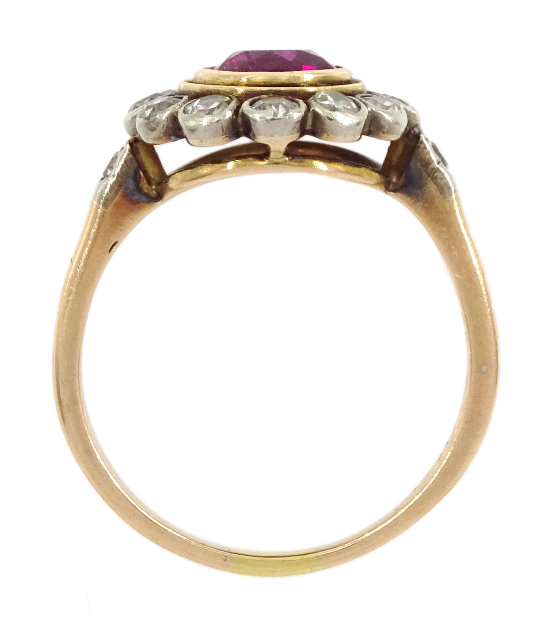 Early 20th century 15ct rose gold round synthetic ruby and milgrain set old cut diamond cluster ring, with diamond set shoulders