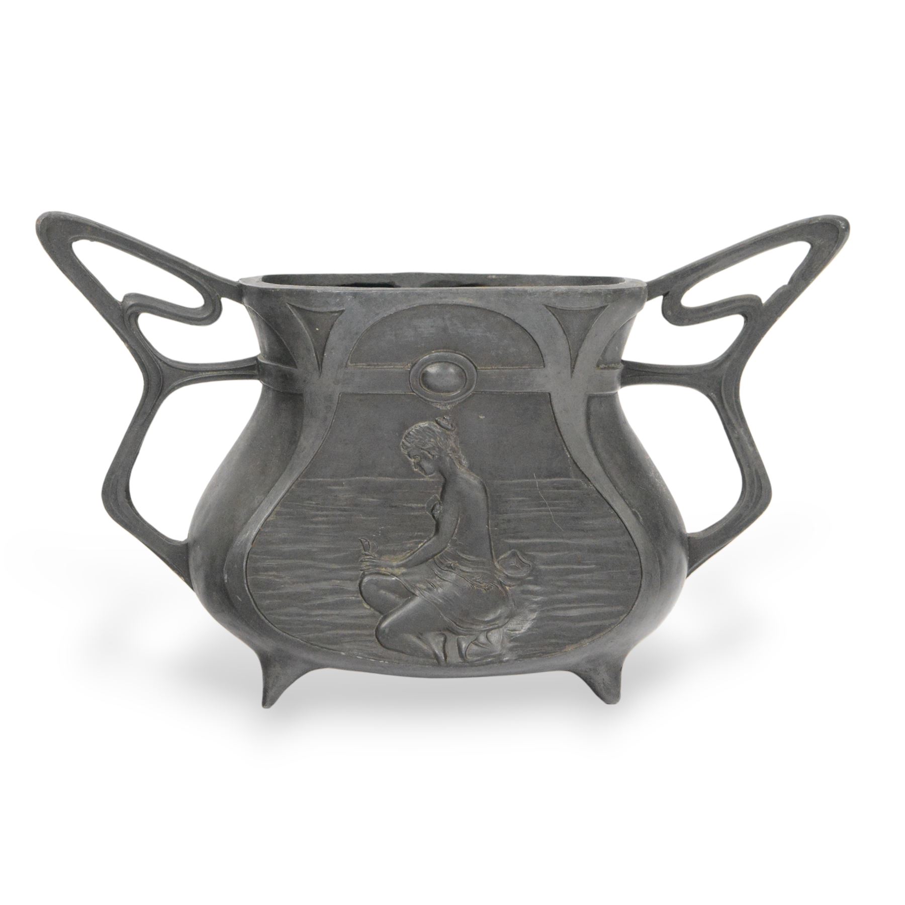 Twin handled Art Nouveau vase, decorated with a female figure by a river and flowers to the other side, with loop handles, H81cm  