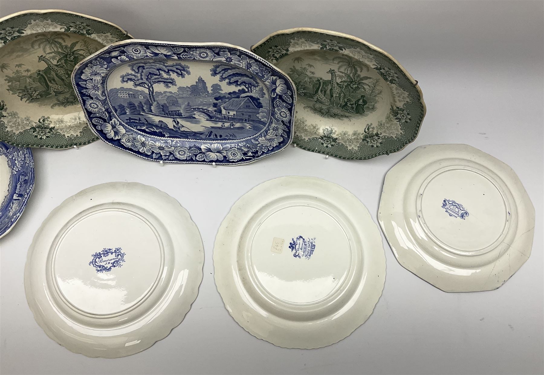 A pair of John Ridgway soup bowls, transfer printed in green with the Giraffe pattern, together with a group of other 19th century blue transfer printed wares, including a pair of Walmer pattern dinner plates. 