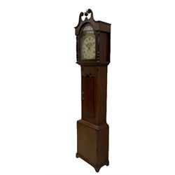 A 19th century Oak and Mahogany 30hr longcase clock retailed by “Turnbull of Whitby” with a tall swans neck pediment, brass ball and spire finial and two stamped brass paterae, glazed break-arch door flanked by two turned pillars, full-length wavy -topped trunk door on a rectangular base with applied shaped skirting, chain driven outside countwheel movement striking the hours on a cast bell, with a painted dial pinned directly to the movement, the arch depicting a country church, with a conforming ruin, country house and cottages to the spandrels, dial drawn with Roman numerals and minute markers with matching stamped brass hands, semi-circular date aperture and date ring behind. With weight and pendulum. 
The Turnbull family of Whitby clockmakers are recorded as working from Bridge Street, Whitby,  from 1784 to 1870.





