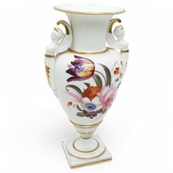 Early 19th century porcelain baluster vase, hand painted with roses, tulips etc having win...