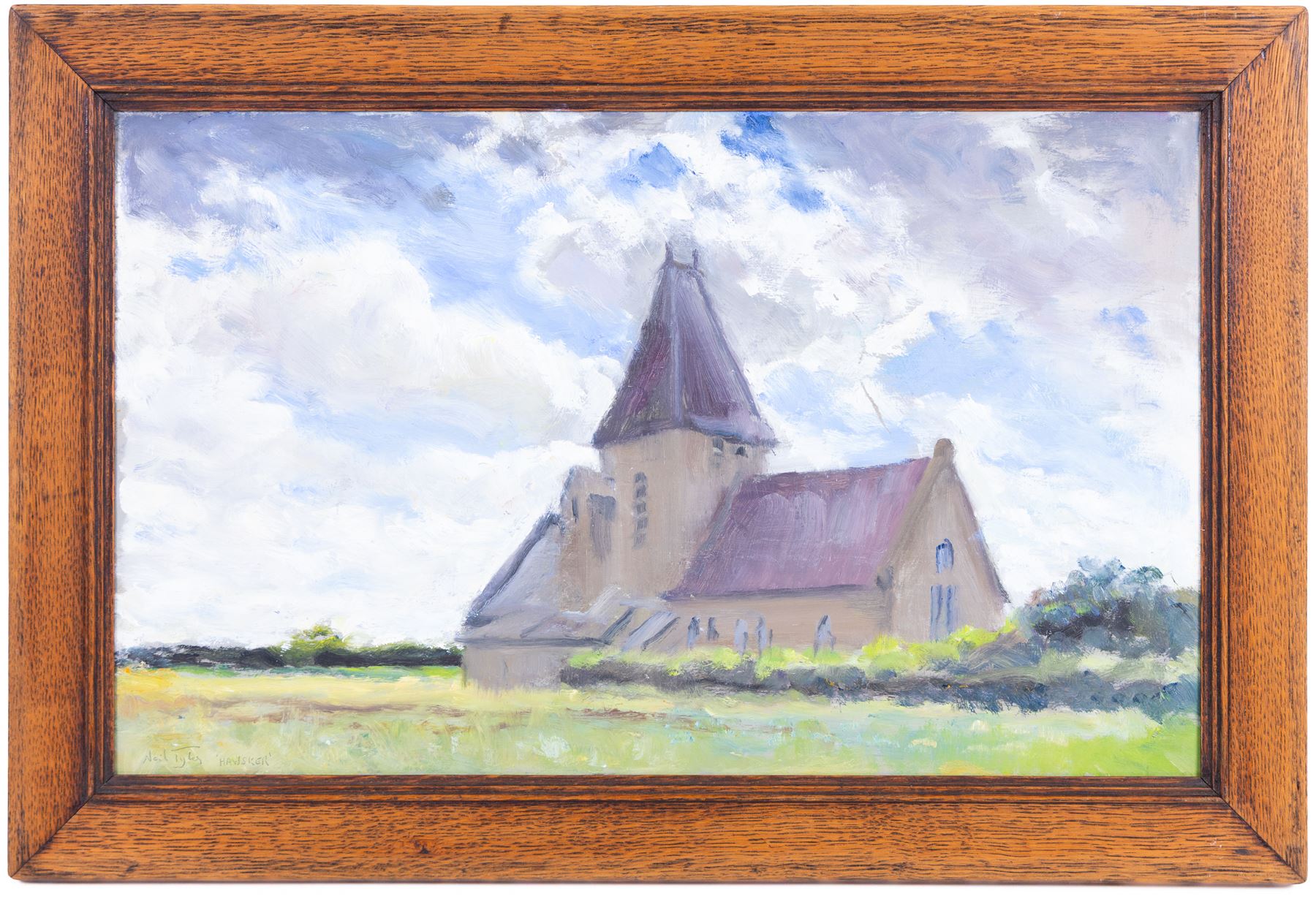 Neil Tyler (British 1945-): 'Hawsker Church', oil on board signed and titled, landscape sketch verso 29cm x 48cm