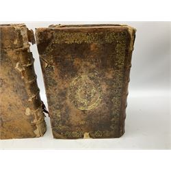 Three 17th century Lugduni (Lyon) printed books each with engraved title page in red and black comprising R.P. Corn Cornelii A Lapide .... Tomus Primus. 1690; R.P. Cornelii Cornelii A Lapide .... 1683; and Hortus Pastorum Sacrae Doctrinae Floribus Polymitus .... 1668. All folio with full calf bindings (3)
