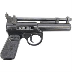 Webley Junior MK II .177 air pistol, the chamber marked 'Webley & Scott Ltd. Junior MK II Made in England' , with black checkered grip, H16cm, L28cm