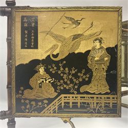 Japaneses triptych mirror, with two fold out panels with prints depicting egrets and figures in a garden with Japanese text, within a bamboo frame, H32cm