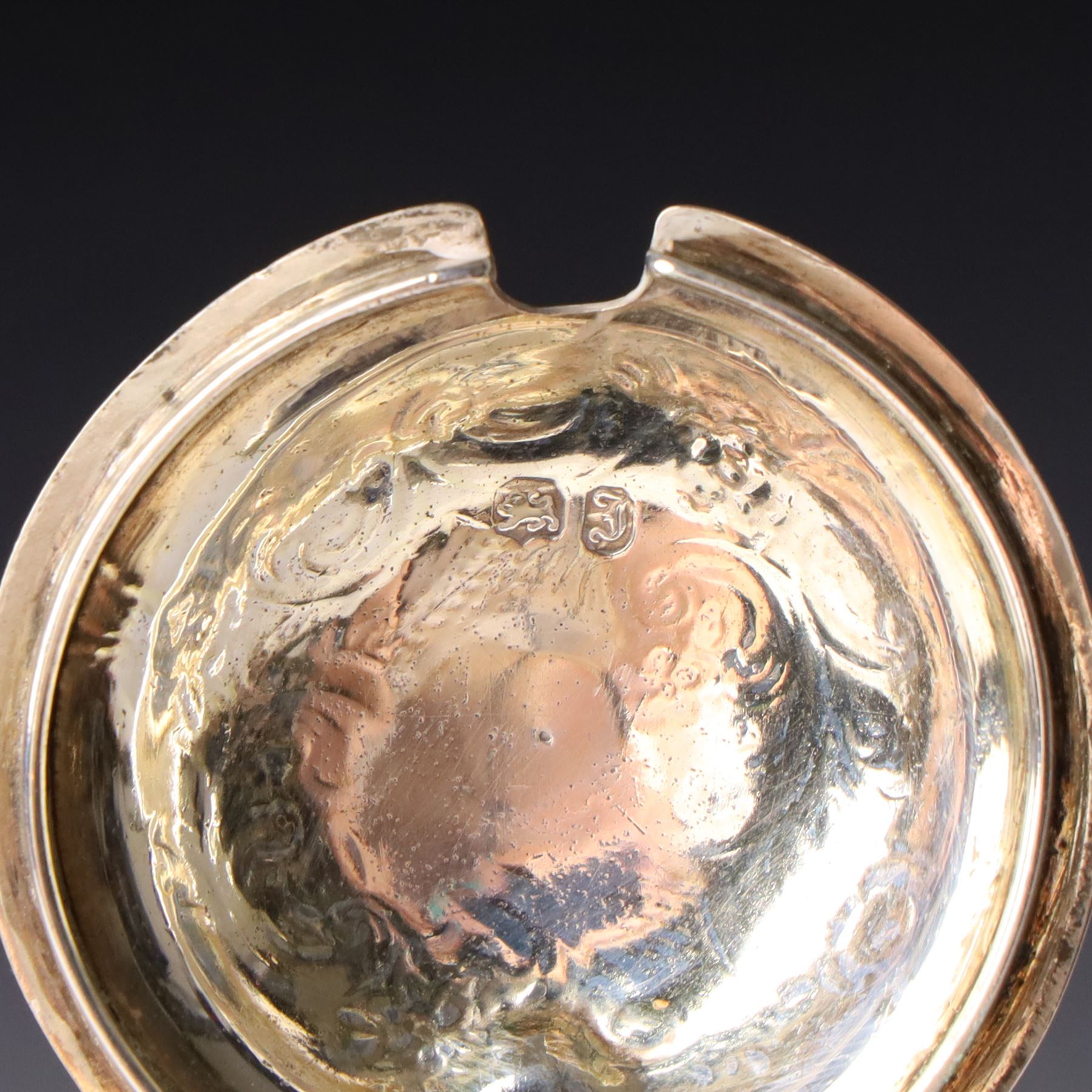 Victorian silver baluster mustard pot with engraved decoration London 1844, pair of silver oval salts and matching mustard  Birmingham 1918 and a circular mustard pot