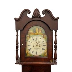 Joseph Richmond of York -  late19th century mahogany cased 30 hr longcase clock, with a swans neck pediment, break arch hood door flanked by ring turned pilasters, broad trunk with part-length recessed pillars and a short trunk door on a broad plinth with a recessed panel, fully painted dial with depictions of country cottages to the spandrels and break arch, with Roman numerals and minute track, stamped brass hands, dummy winding arbors and dummy seconds hand, dial pinned directly to a chain driven count wheel striking movement, striking the hours on a bell. With pendulum and weight.
Joseph Richmond of Fossgate was a respected clockmaker in 19th century York, maintaining the clocks in York Minster and other civic buildings in York.