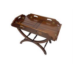 Victorian design mahogany butlers tray style coffee table, curved X-frame base