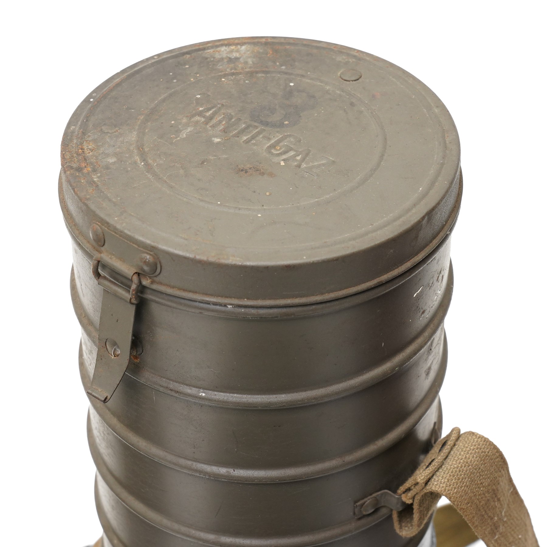 British military leather cordite shot carrier with coat of arms H52cm, Zuckerman Civil Defence helmet with liner and inscribed H.F.P. (Head of Fire Party),  and two gas masks