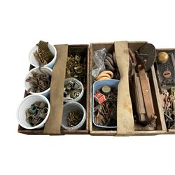 Collection of antique hard ware including brass door knobs, furniture plates and ring pulls, sash window pullies and other items 