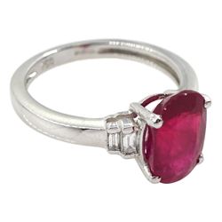 18ct white gold oval Burmese ruby ring, with baguette diamond shoulders, hallmarked, ruby approx 3.00 carat