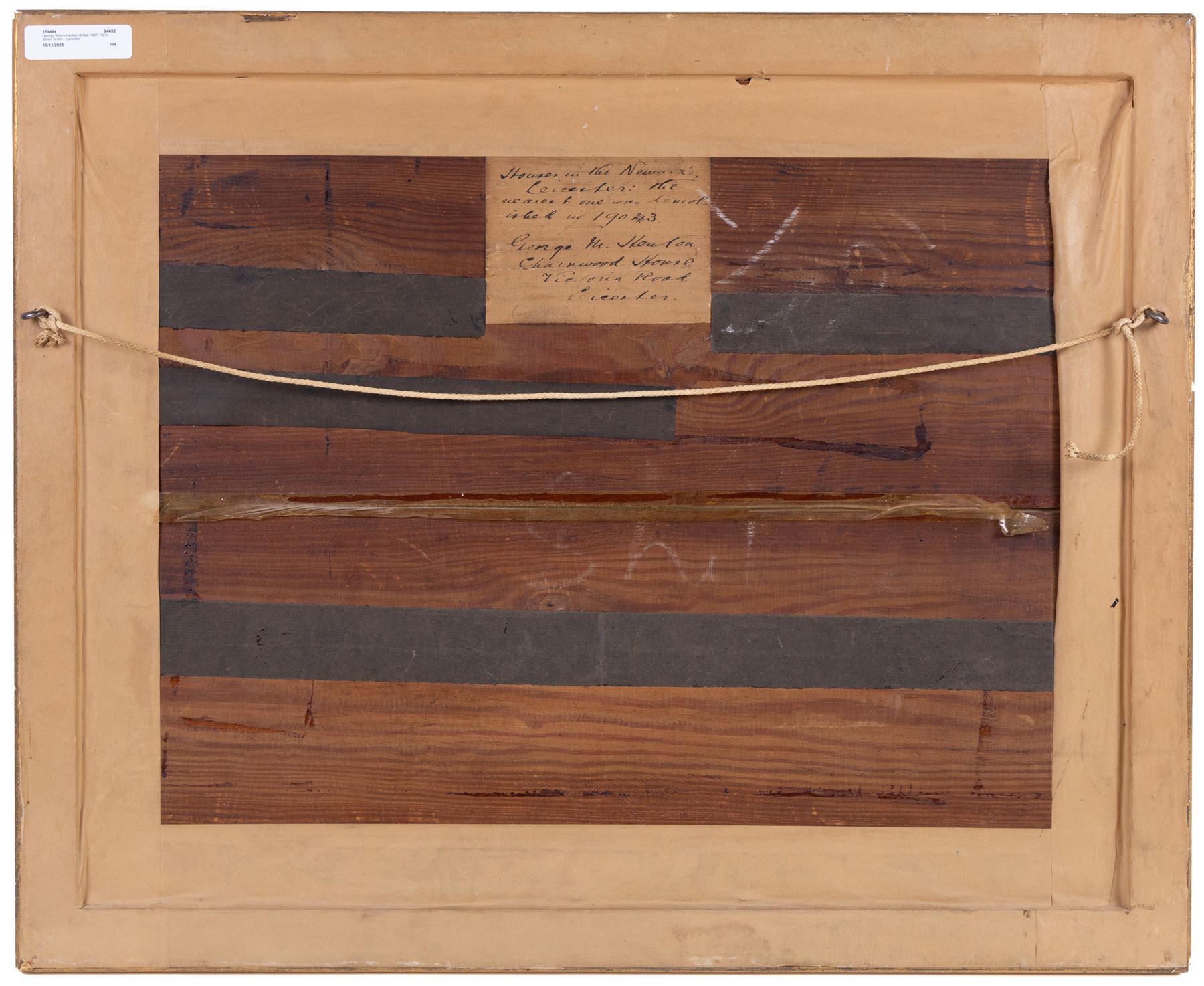 George Moore-Henton (British 1861-1924): 'Houses in the Newarke - Leicester', watercolour signed and dated 1903, titled on original artists label verso and inscribed 'the nearest one was demolished in 1903', 28cm x 39cm 