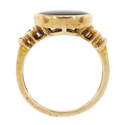 9ct gold ammolite ring, with tapered baguette cut diamond shoulders, hallmarked