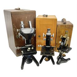 Three microscopes, comprising Ernst Leitz Wetzlar, W Watson & Sons service II no 125485, W Watson & Sons Bactil binocular no 115722, all boxed  