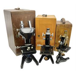  Three microscopes, comprising Ernst Leitz Wetzlar, W Watson & Sons service II no 125485, W Watson & Sons Bactil binocular no 115722, all boxed  