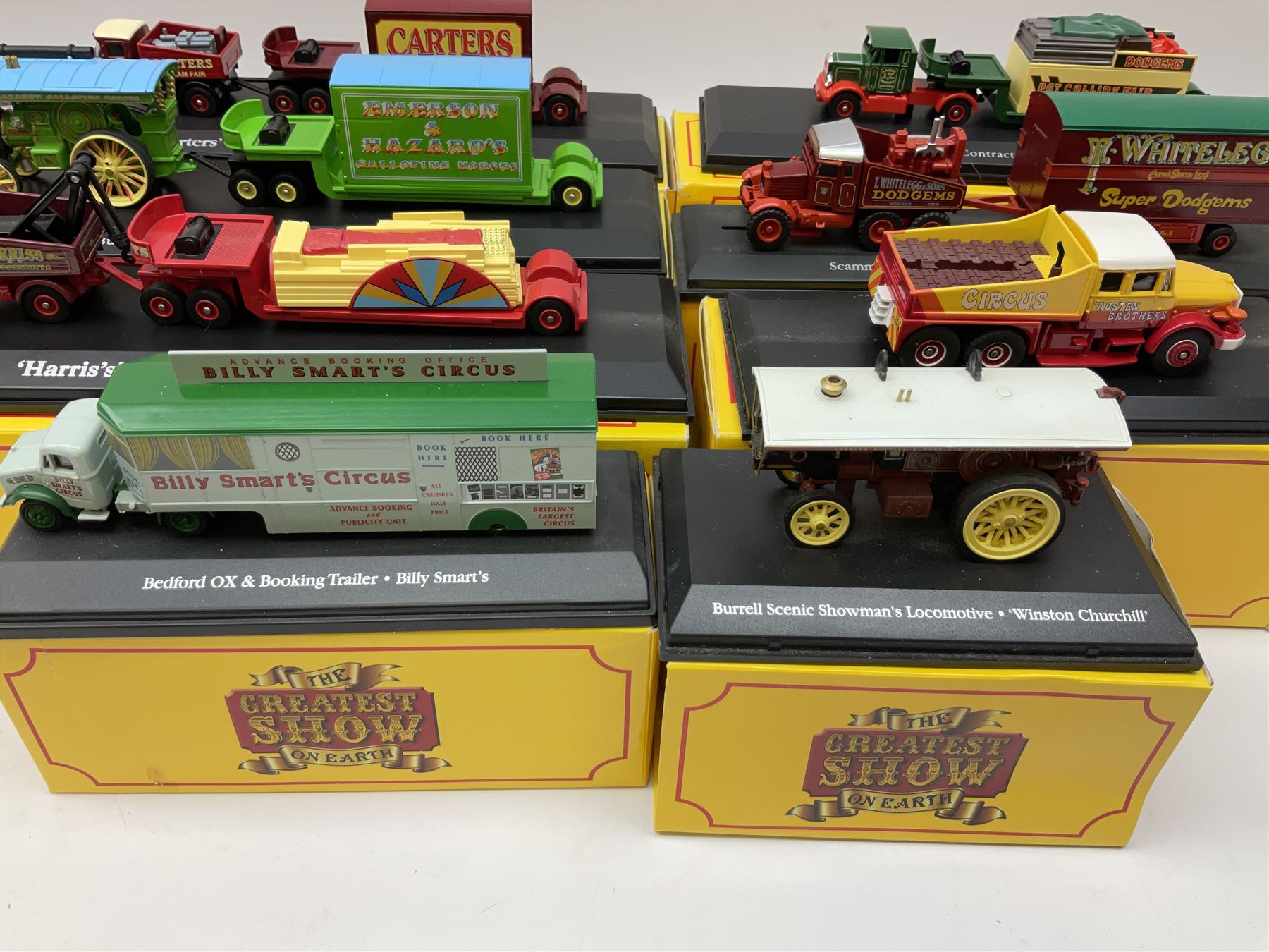 Atlas Editions - eight 'The Greatest Show on Earth' vehicles; all boxed; and seven Classic Motorcycles; four boxed, two in inner packaging and one unboxed; together with associated paperwork