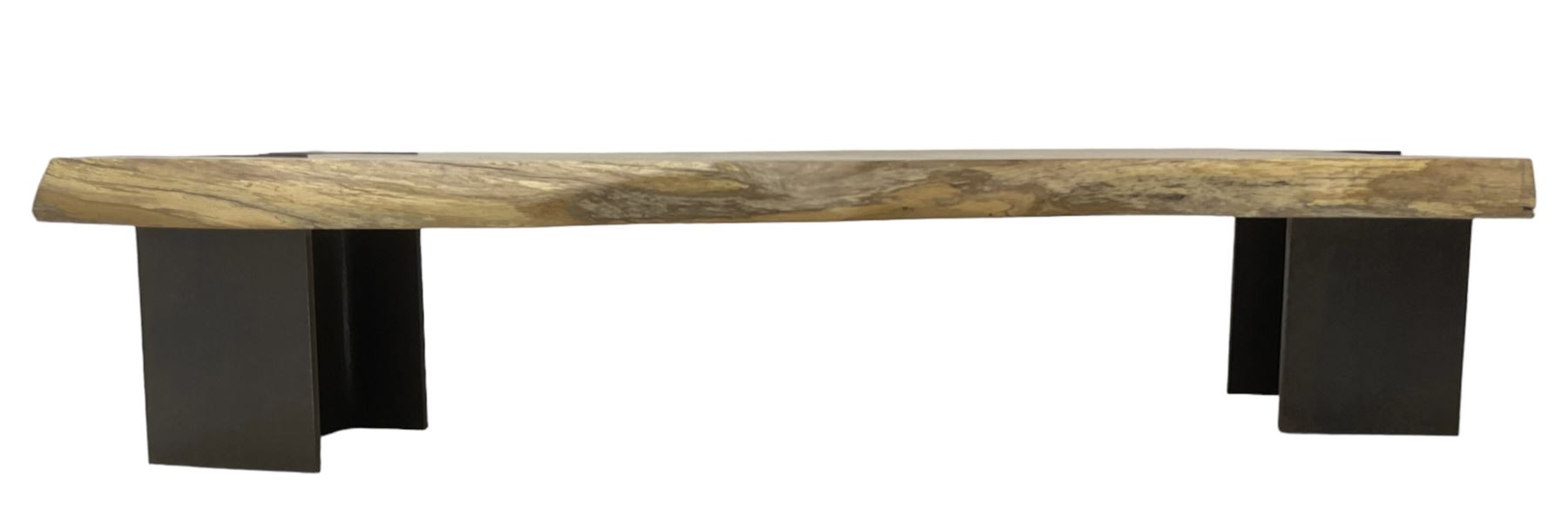 Raw edge shaped oak plank bench or side table on steel RSJ supports