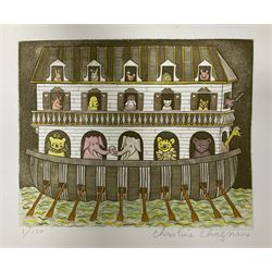 Christine Chagnoux (French 1939-): Noah's Ark; Garden of Eden and Circus, set three colour etchings max 35cm x 45cm (3) (unframed)