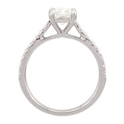 18ct white gold single stone cushion cut diamond ring, with diamond set shoulders, hallmarked, principal diamond 1.01 carat, with International Gemological Institute Report