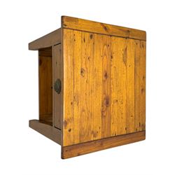 Contemporary hardwood lamp table, the rectangular boarded top over a single drawer with shell cup handle, standing on tapering supports united by undertier 