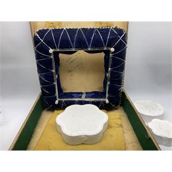 Edwardian wedding cake stand, the blue velvet cushion applied with wirework scroll, in wood box, 56cm X 56CM